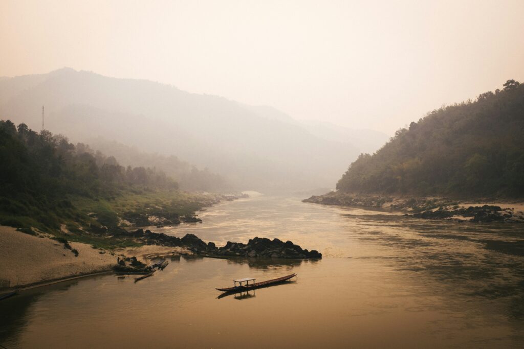 Mekong River in Vietnam under hazy sky